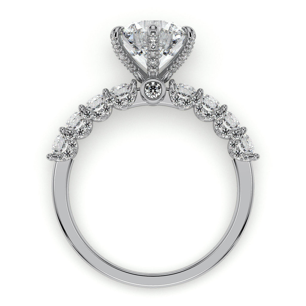 Round solitaire engagement ring with side stones, moissanite stones in 18K White Gold Vermeil