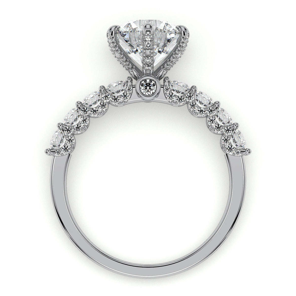 Round solitaire engagement ring with side stones, moissanite stones in 18K White Gold Vermeil