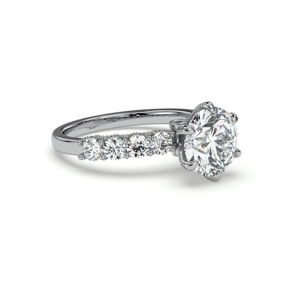 Round solitaire engagement ring with side stones, moissanite stones in 18K White Gold Vermeil