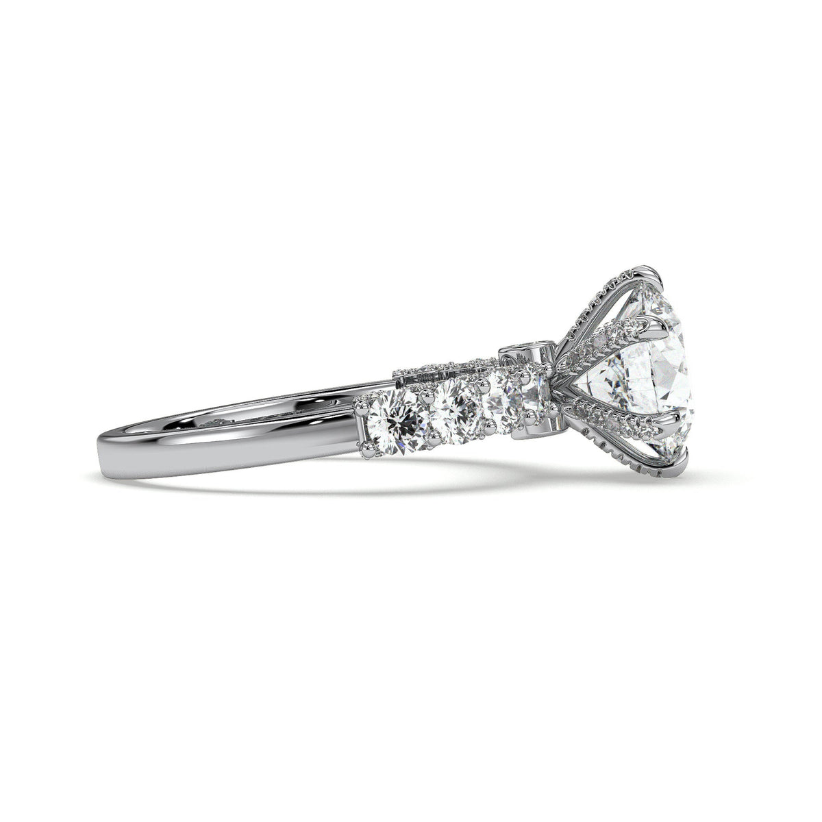 Round solitaire engagement ring with side stones, moissanite stones in 18K White Gold Vermeil