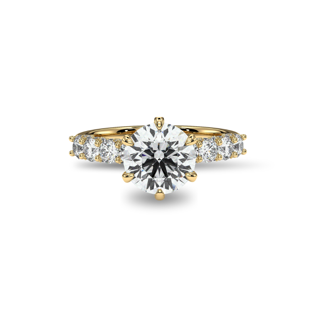 Round solitaire engagement ring with side stones, moissanite stones in 18K Yellow Gold Vermeil