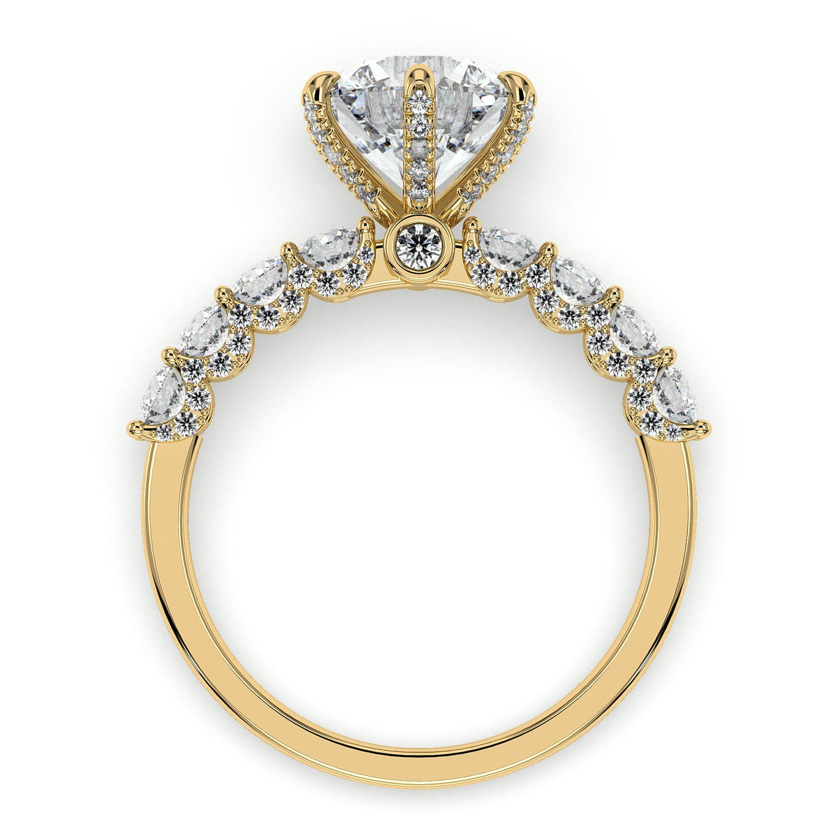 Round solitaire engagement ring with side stones, moissanite stones in 18K Yellow Gold Vermeil