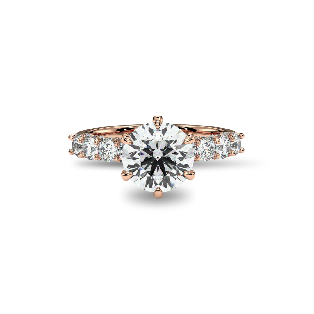 Round solitaire engagement ring with side stones, moissanite stones in 18K Rose Gold Vermeil