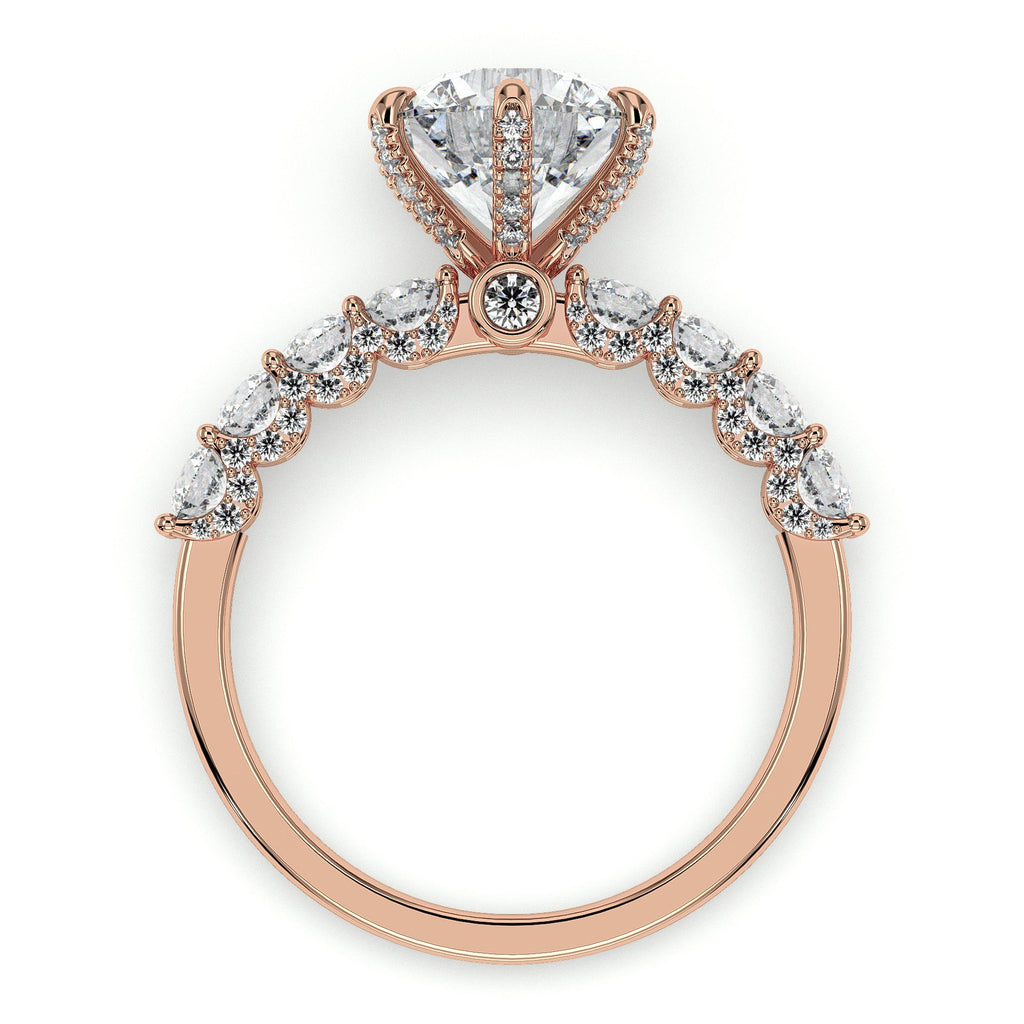 Round solitaire engagement ring with side stones, moissanite stones in 18K Rose Gold Vermeil