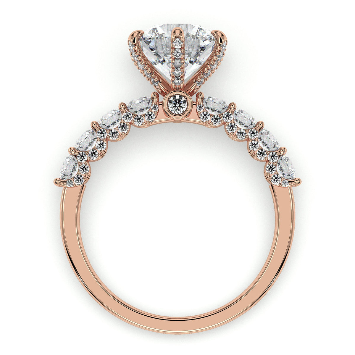 Round solitaire engagement ring with side stones, moissanite stones in 18K Rose Gold Vermeil