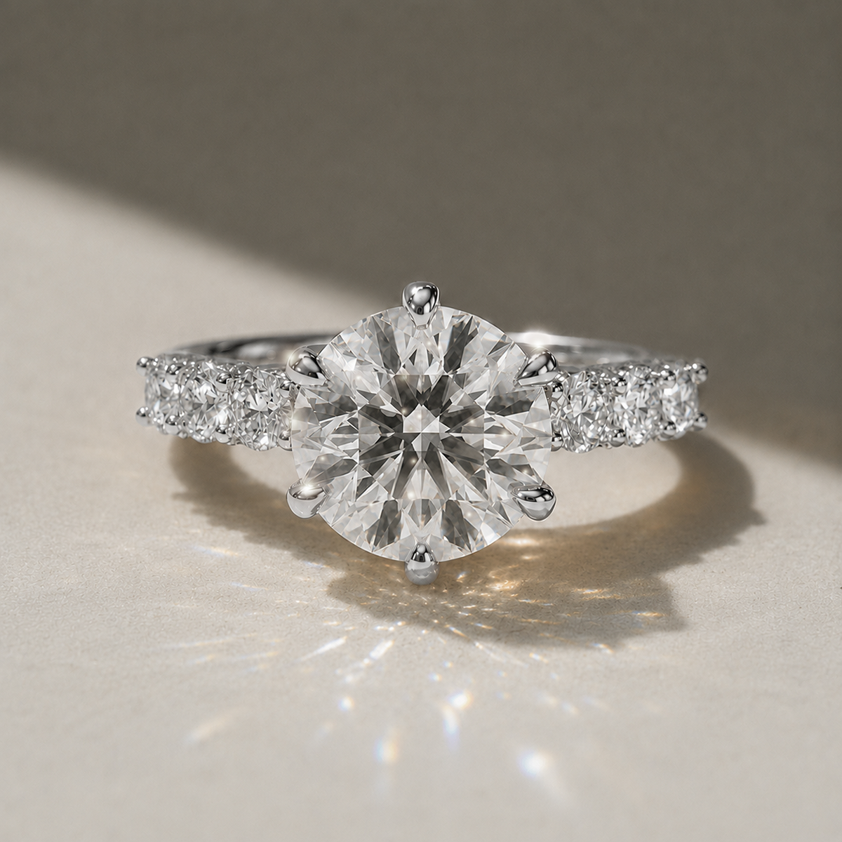 Round solitaire engagement ring with side stones, moissanite stones in 18K White Gold Vermeil