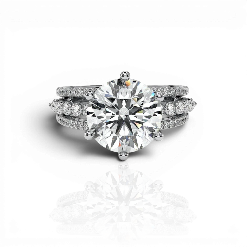 Round statement engagement ring with triple-row band, moissanite stones in 18K White Gold Vermeil