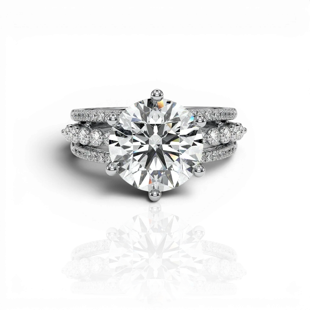 Round statement engagement ring with triple-row band, moissanite stones in 18K White Gold Vermeil