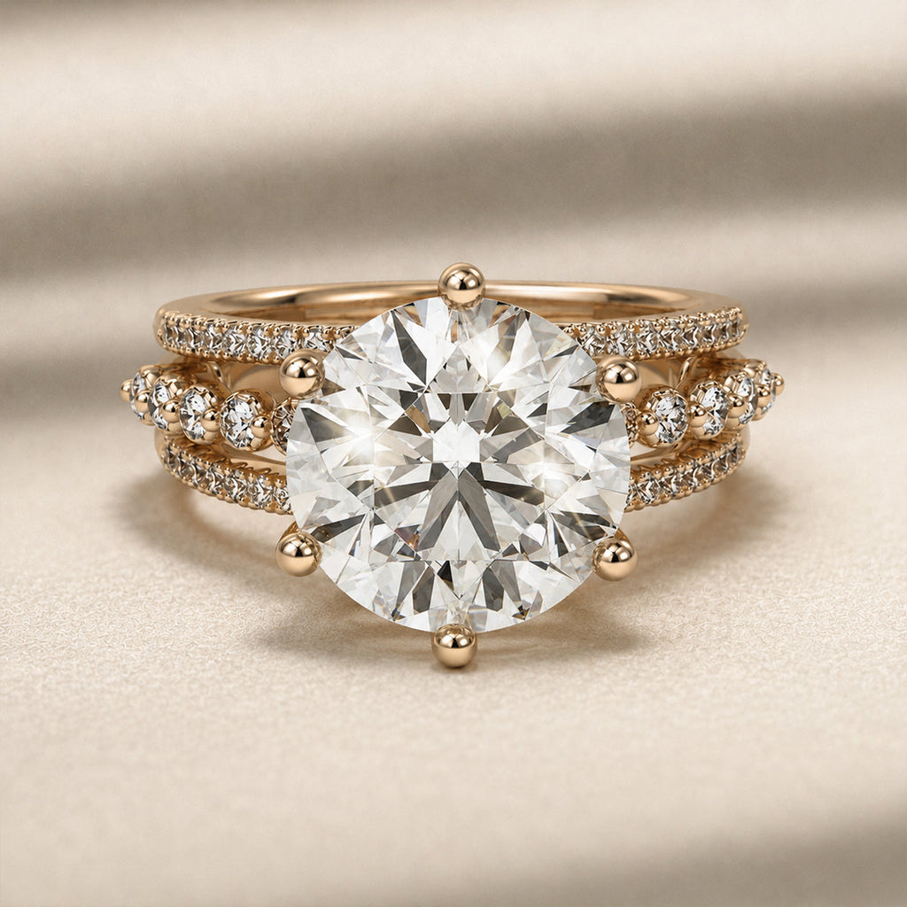 Round statement engagement ring with triple-row band, moissanite stones in 18K Yellow Gold Vermeil