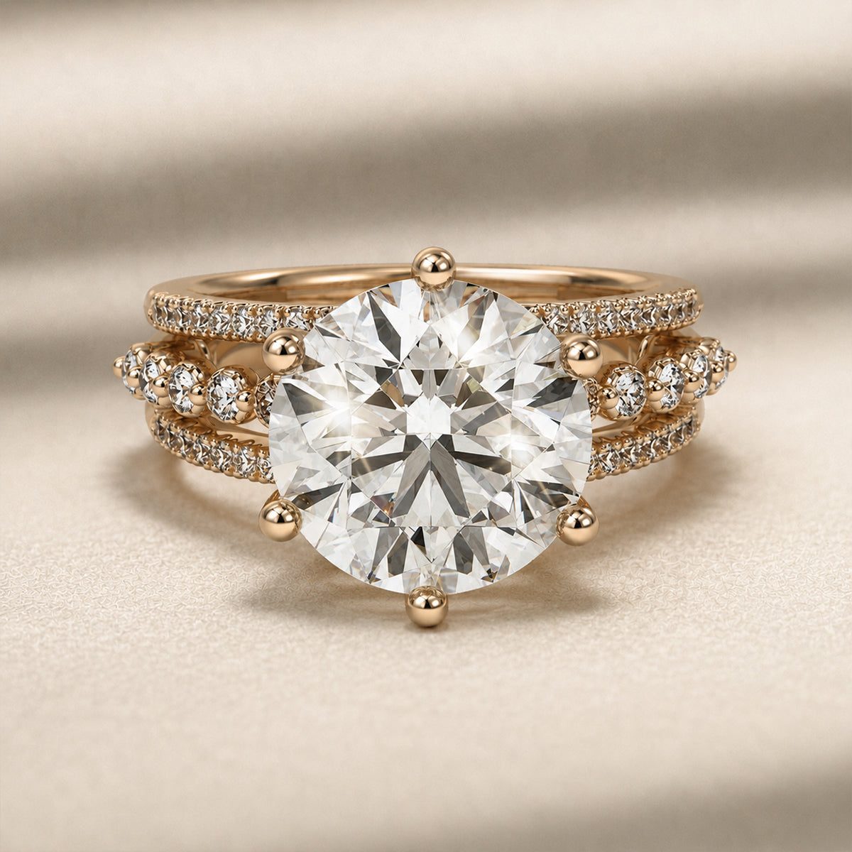 Round statement engagement ring with triple-row band, moissanite stones in 18K Yellow Gold Vermeil