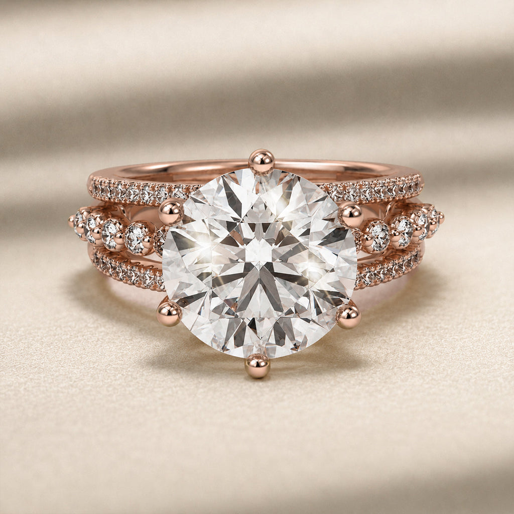 Round statement engagement ring with triple-row band, moissanite stones in 18K Rose Gold Vermeil