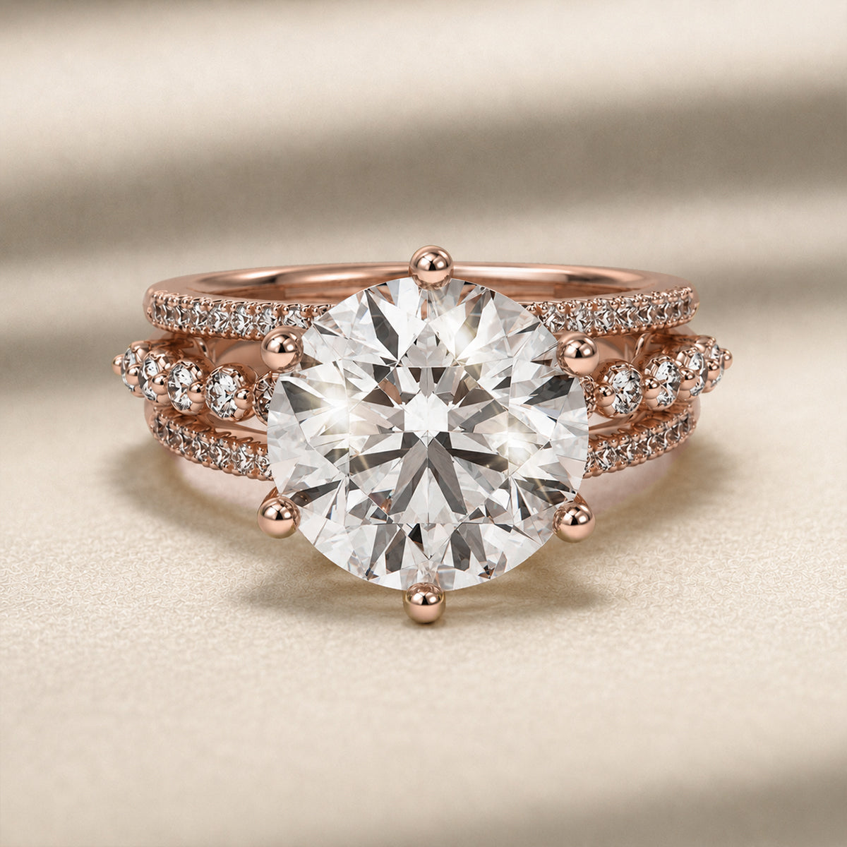 Round statement engagement ring with triple-row band, moissanite stones in 18K Rose Gold Vermeil