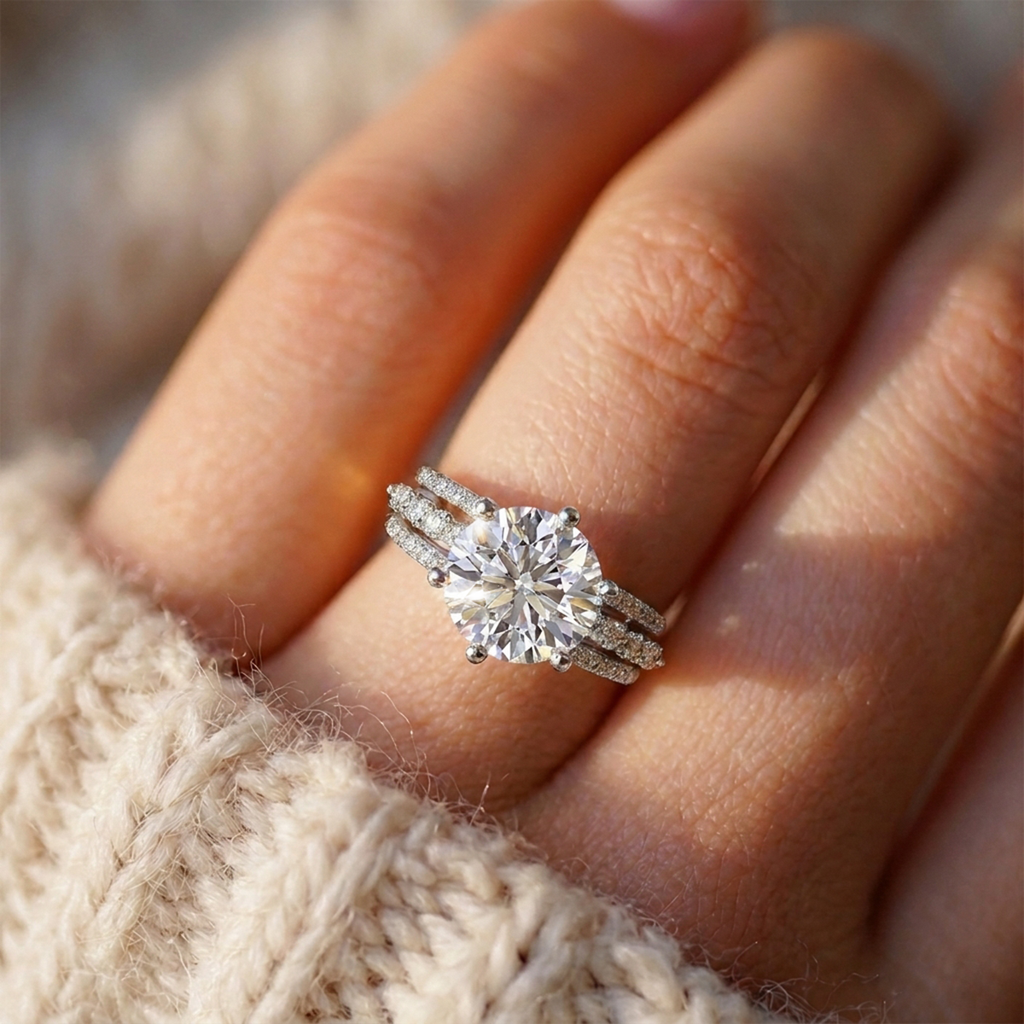 Round statement engagement ring with triple-row band, moissanite stones in 18K White Gold Vermeil