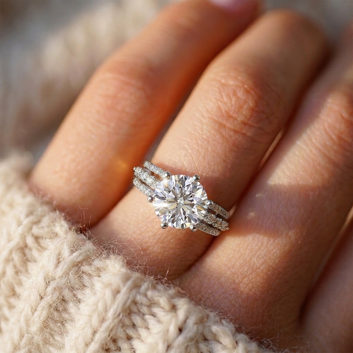 Round statement engagement ring with triple-row band, moissanite stones in 18K White Gold Vermeil