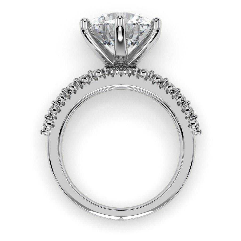 Round statement engagement ring with triple-row band, moissanite stones in 18K White Gold Vermeil