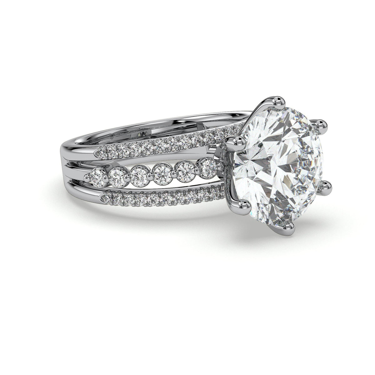 Round statement engagement ring with triple-row band, moissanite stones in 18K White Gold Vermeil