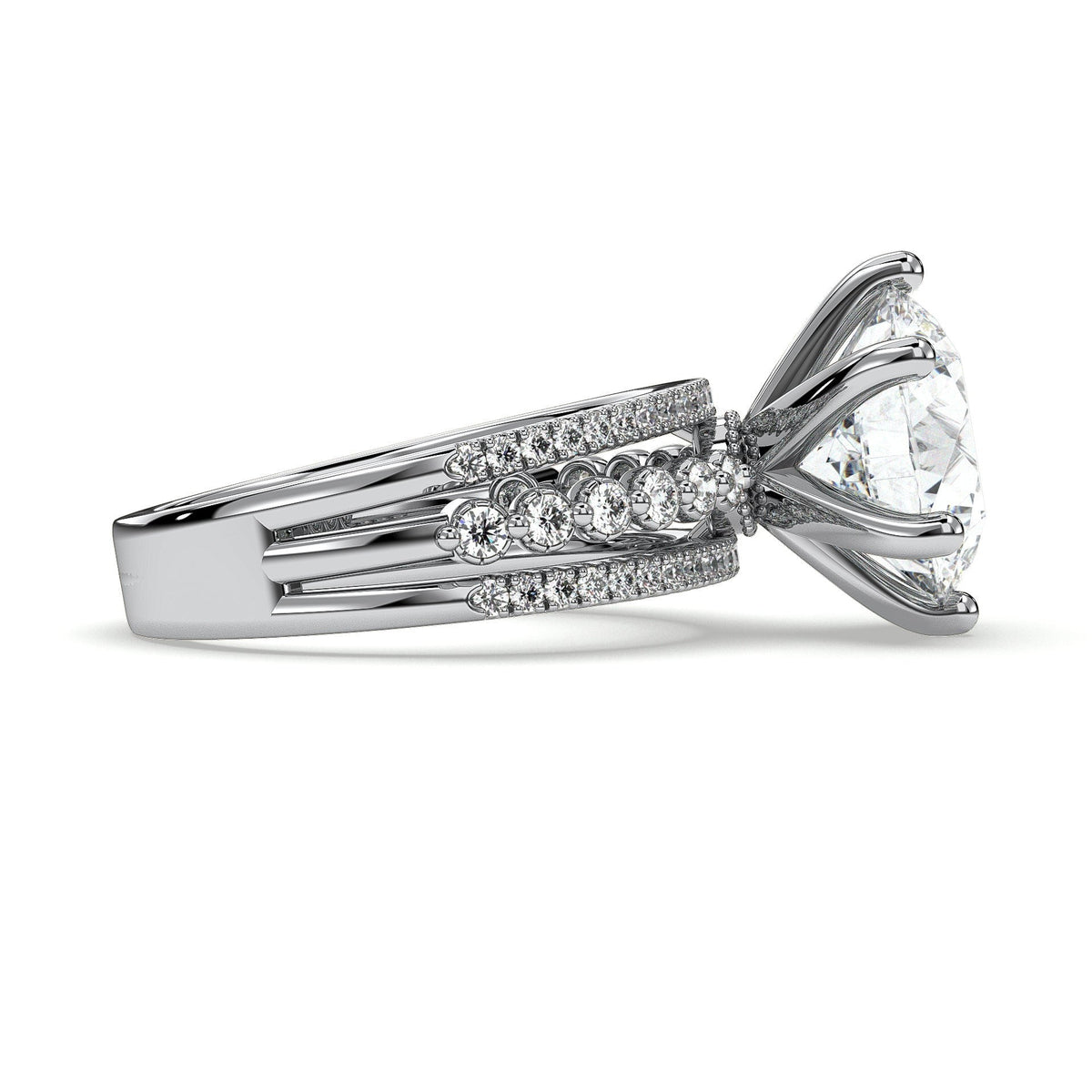 Round statement engagement ring with triple-row band, moissanite stones in 18K White Gold Vermeil