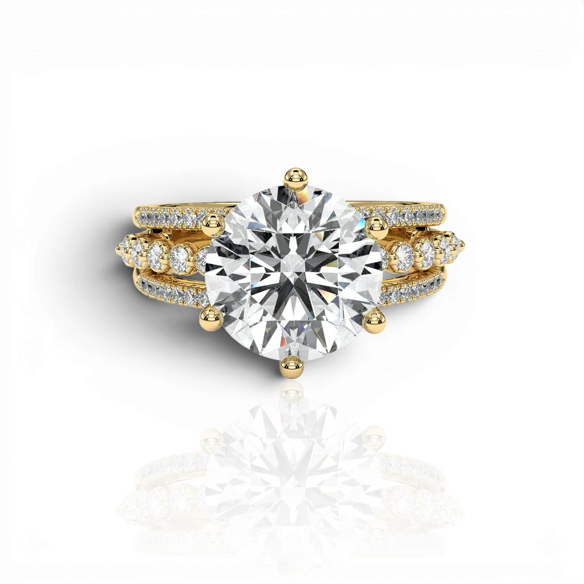 Round statement engagement ring with triple-row band, moissanite stones in 18K Yellow Gold Vermeil