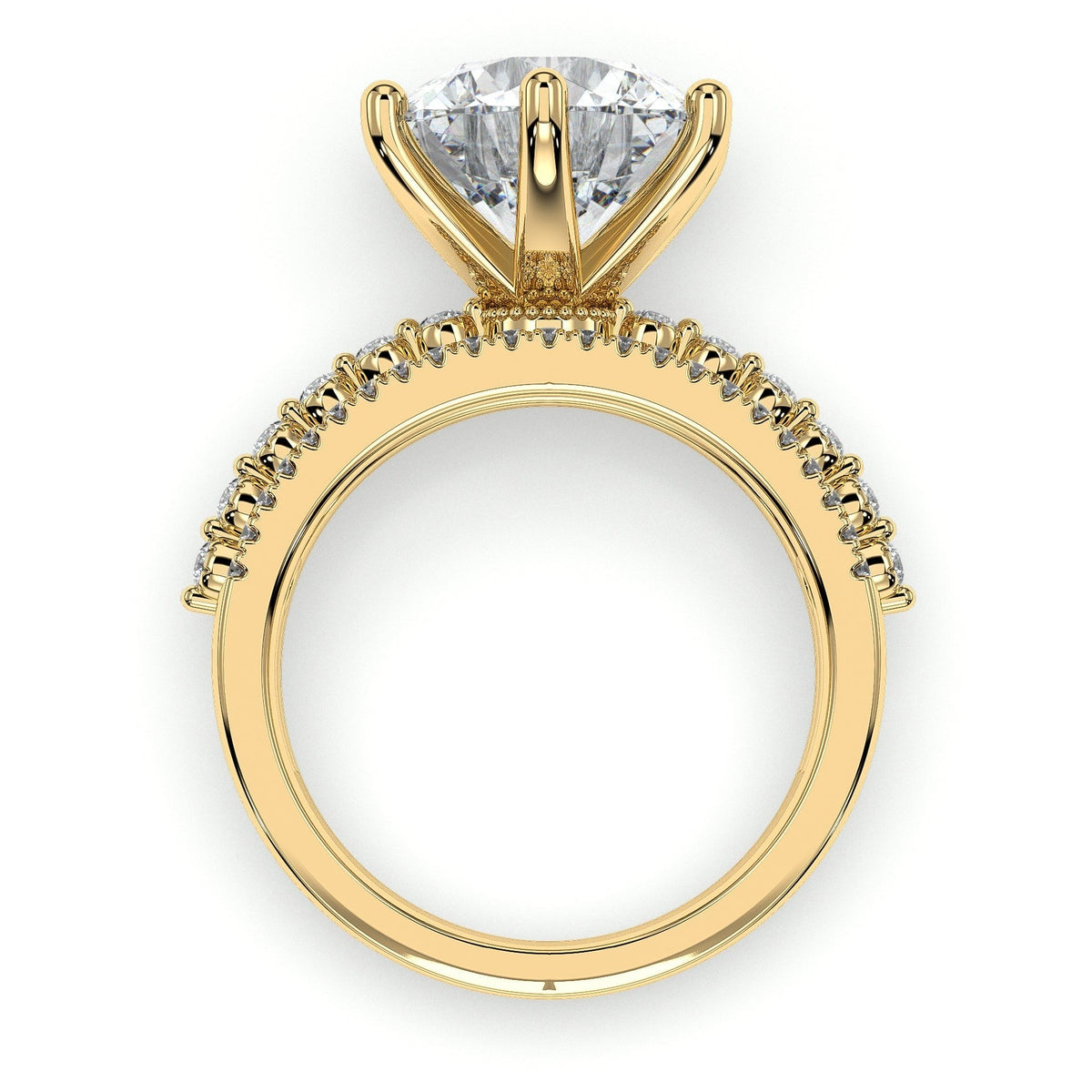 Round statement engagement ring with triple-row band, moissanite stones in 18K Yellow Gold Vermeil