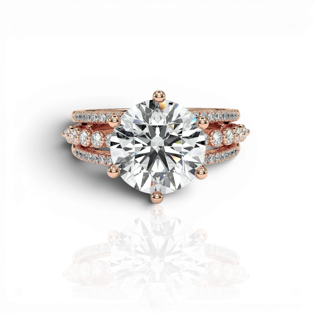 Round statement engagement ring with triple-row band, moissanite stones in 18K Rose Gold Vermeil