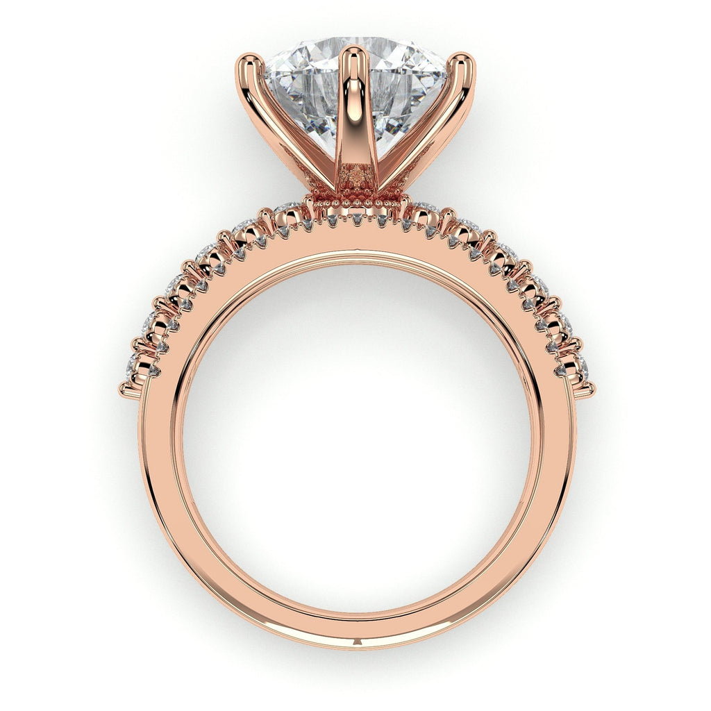 Round statement engagement ring with triple-row band, moissanite stones in 18K Rose Gold Vermeil