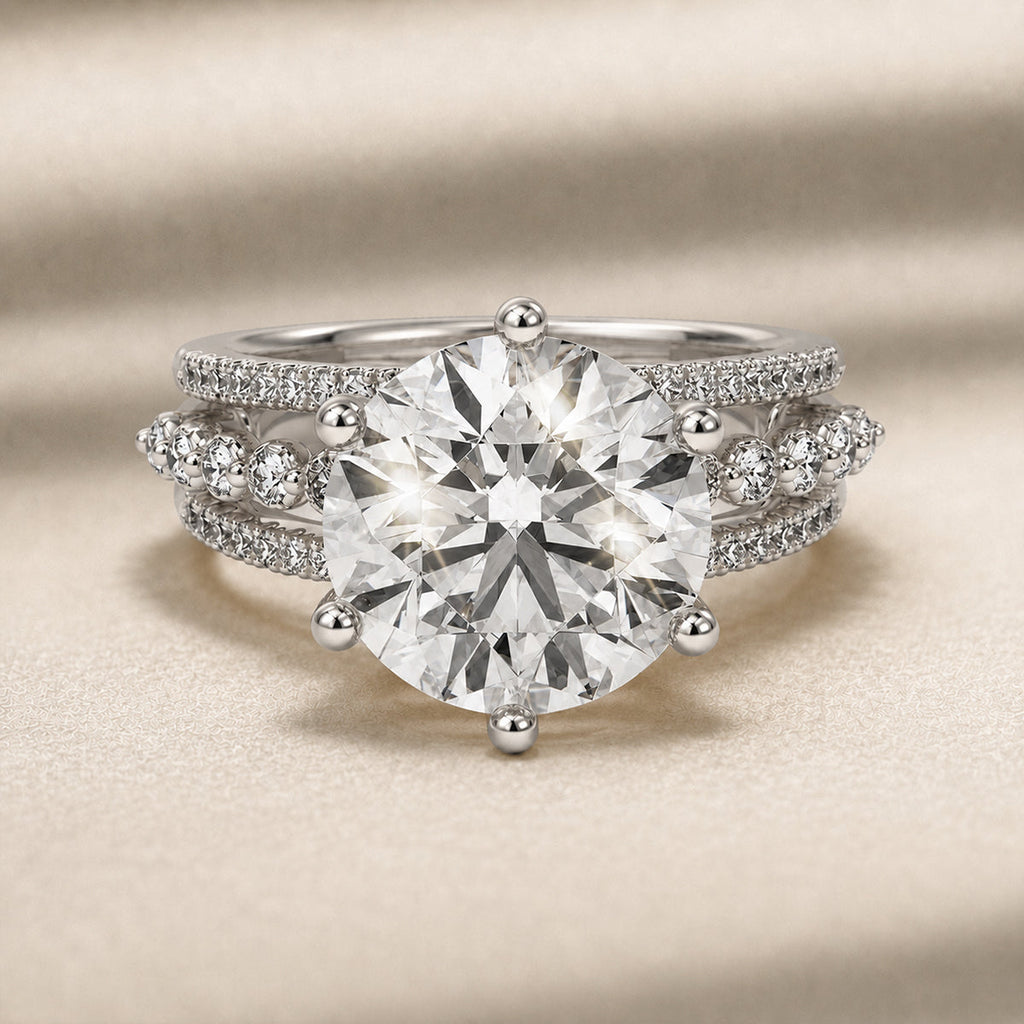 Round statement engagement ring with triple-row band, moissanite stones in 18K White Gold Vermeil