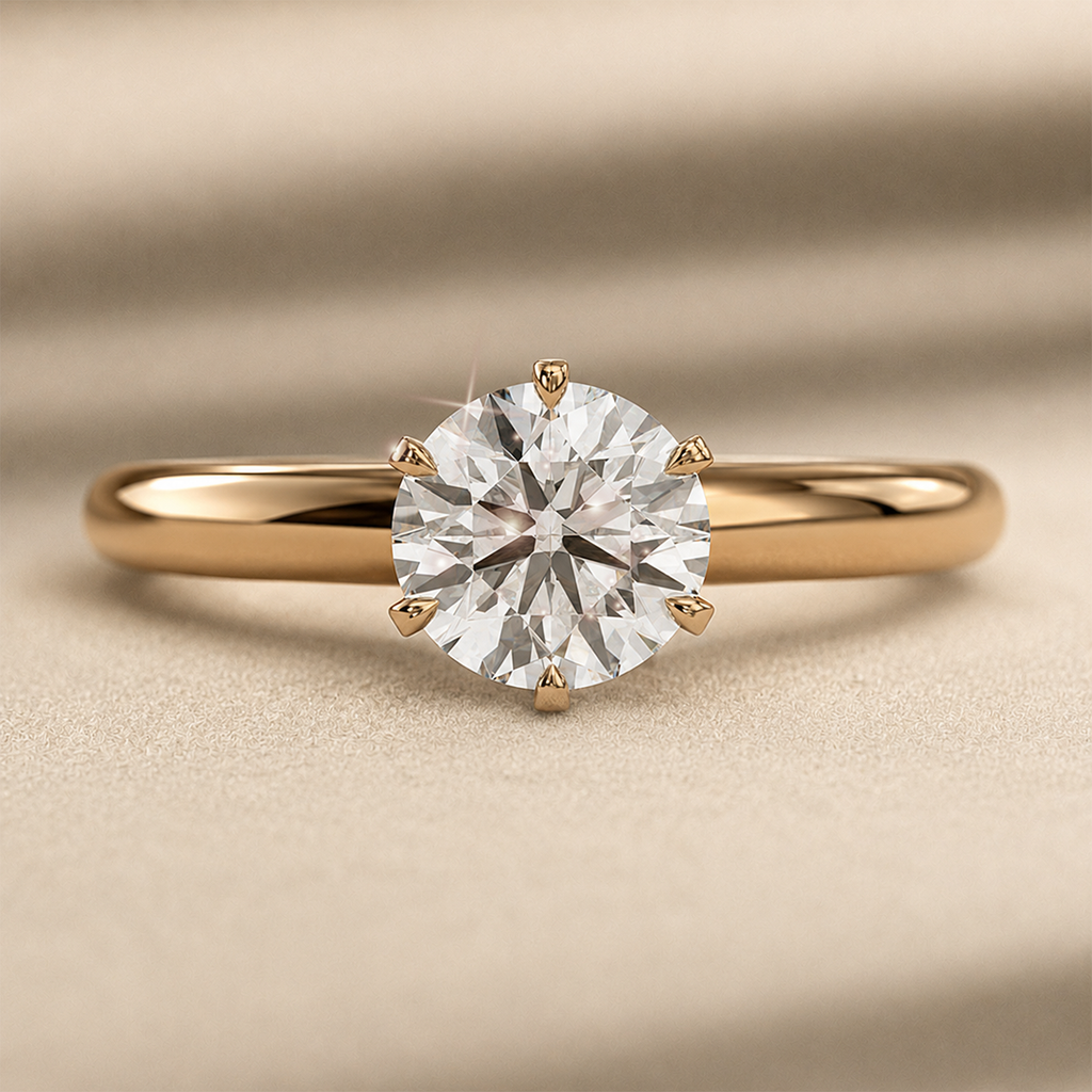 Six-prong round solitaire engagement ring, moissanite stone in 18K Yellow Gold Vermeil