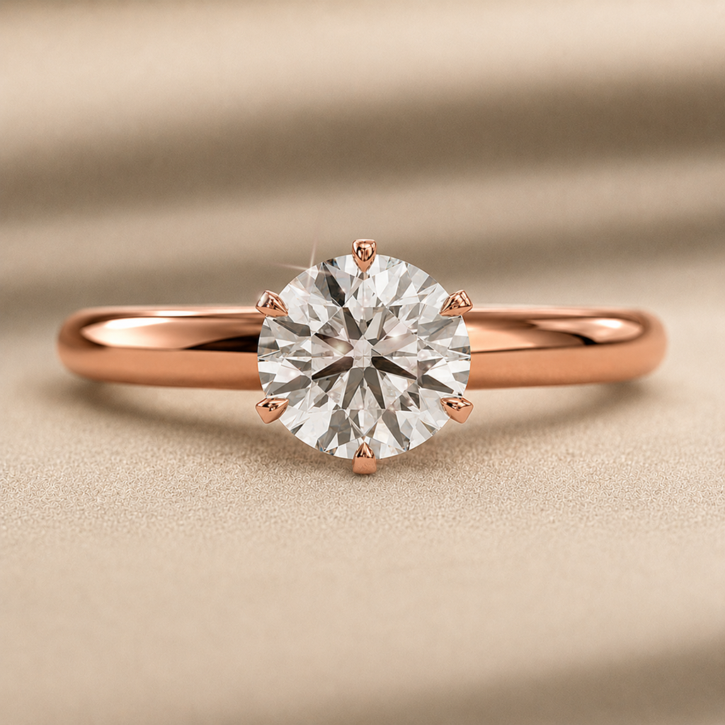 Six-prong round solitaire engagement ring, moissanite stone in 18K Rose Gold Vermeil