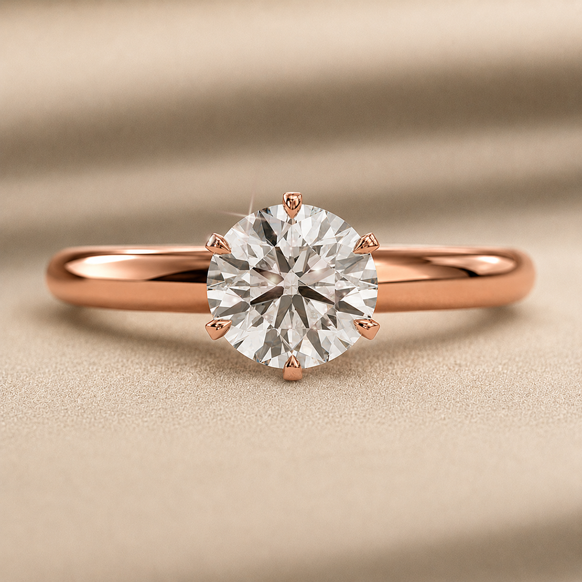 Six-prong round solitaire engagement ring, moissanite stone in 18K Rose Gold Vermeil