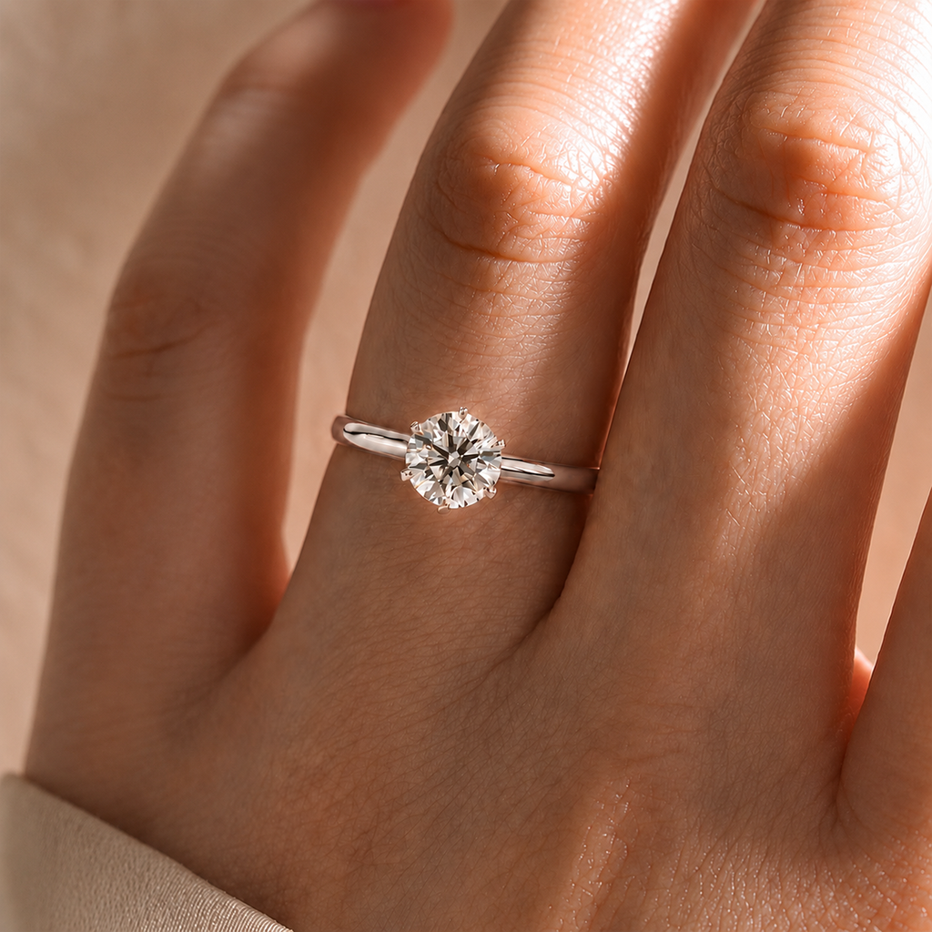 Six-prong round solitaire engagement ring, moissanite stone in 18K White Gold Vermeil