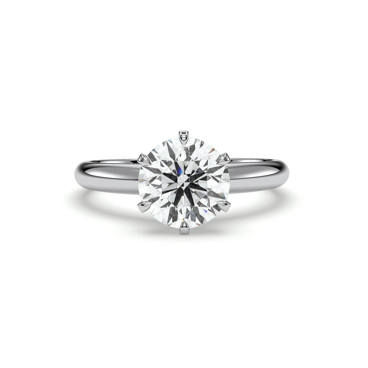 Six-prong round solitaire engagement ring, moissanite stone in 18K White Gold Vermeil