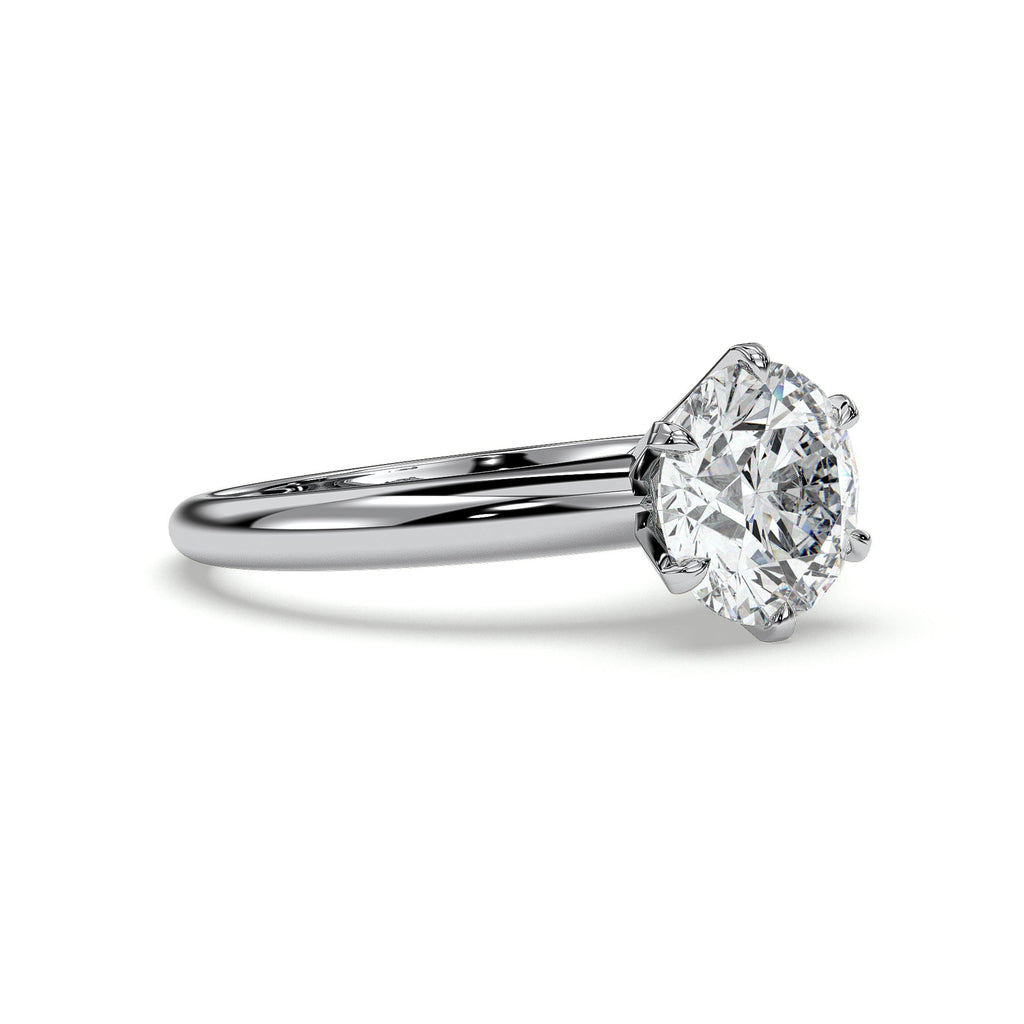 Six-prong round solitaire engagement ring, moissanite stone in 18K White Gold Vermeil