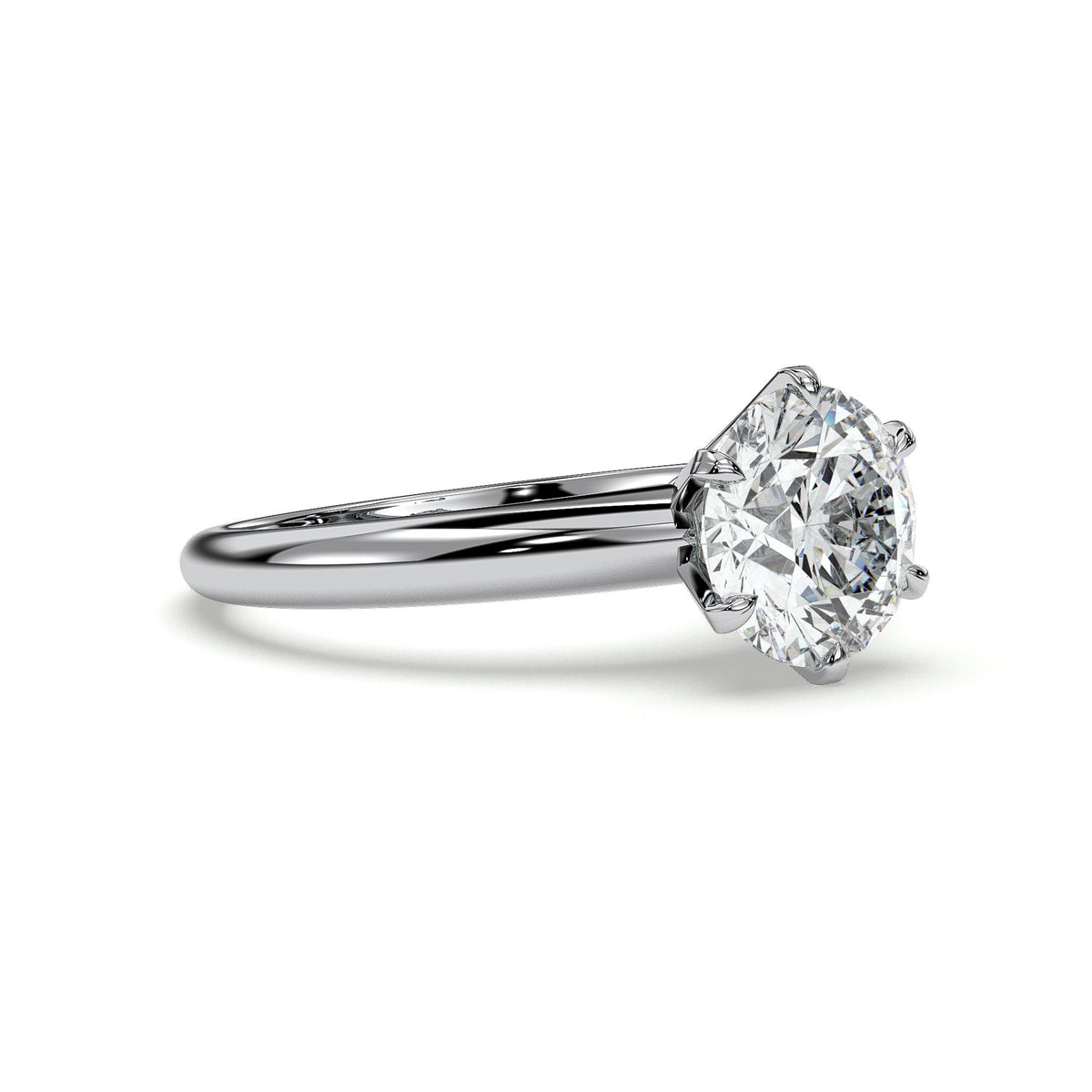 Six-prong round solitaire engagement ring, moissanite stone in 18K White Gold Vermeil
