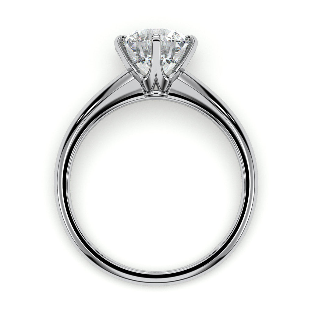 Six-prong round solitaire engagement ring, moissanite stone in 18K White Gold Vermeil