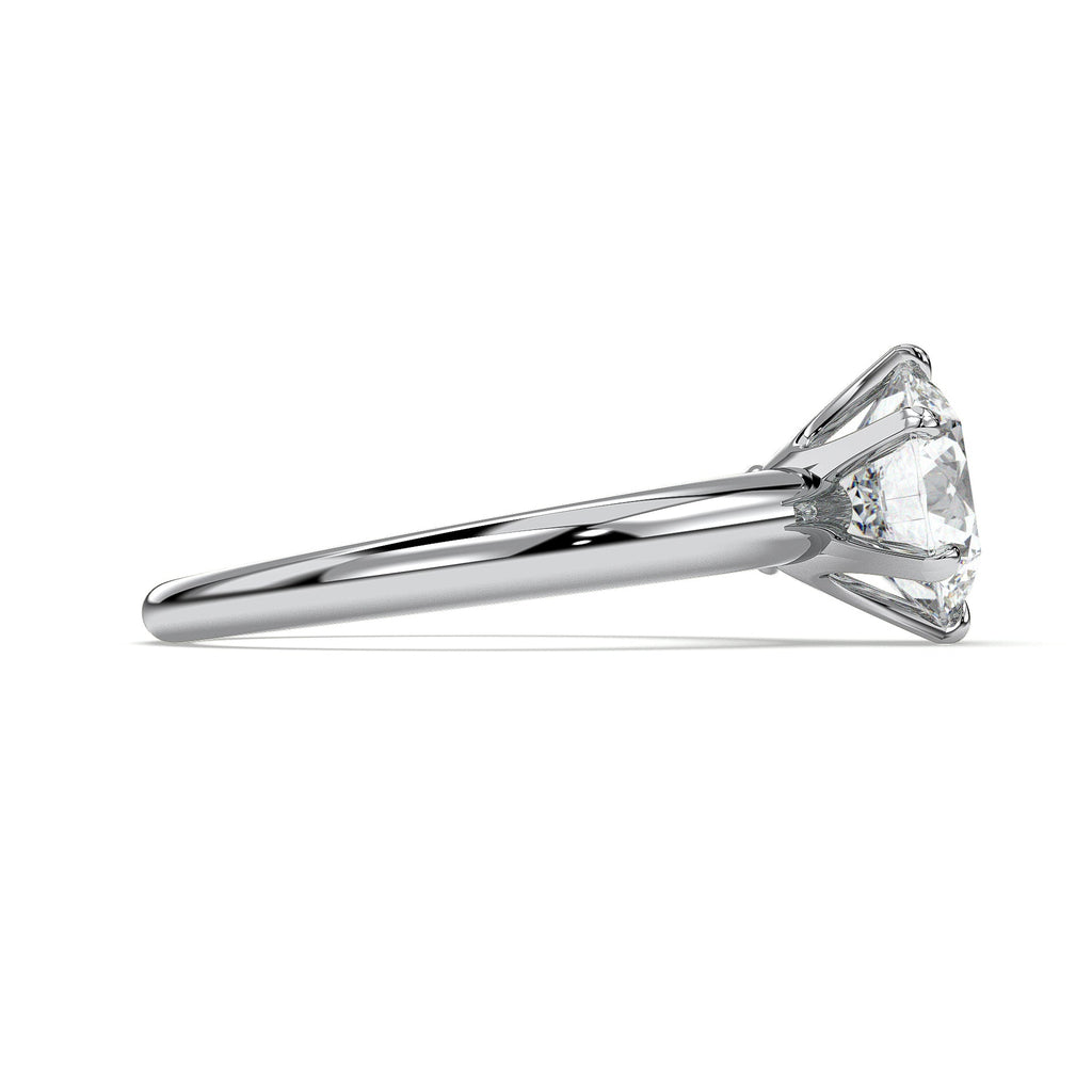 Six-prong round solitaire engagement ring, moissanite stone in 18K White Gold Vermeil