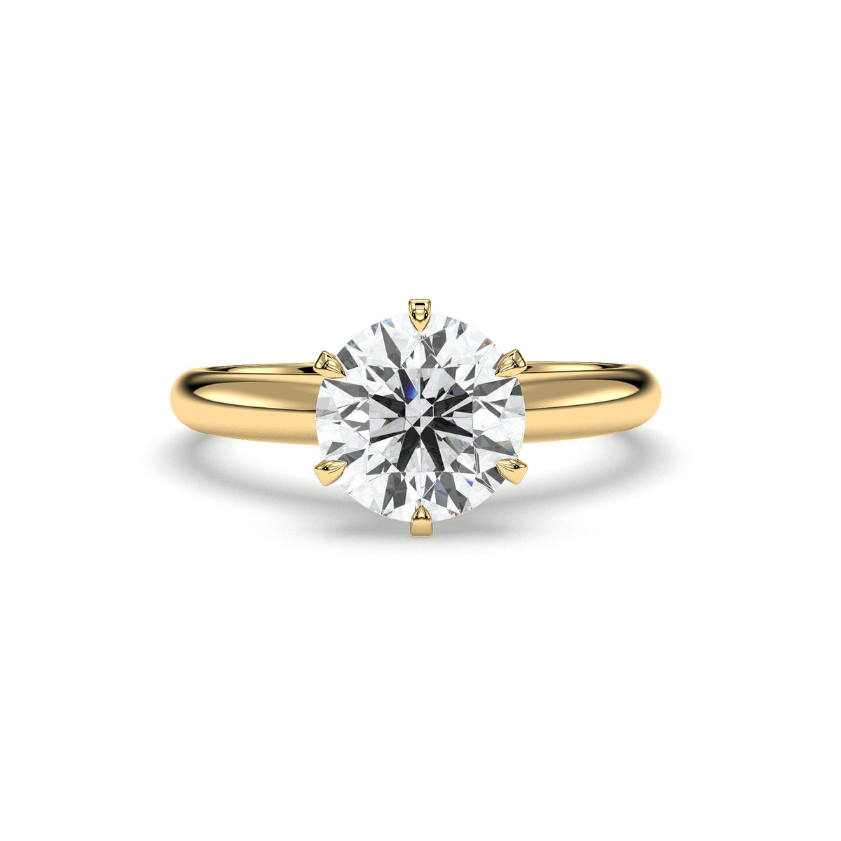 Six-prong round solitaire engagement ring, moissanite stone in 18K Yellow Gold Vermeil