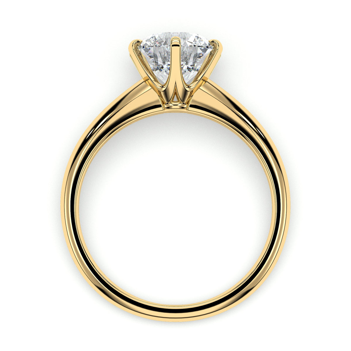 Six-prong round solitaire engagement ring, moissanite stone in 18K Yellow Gold Vermeil