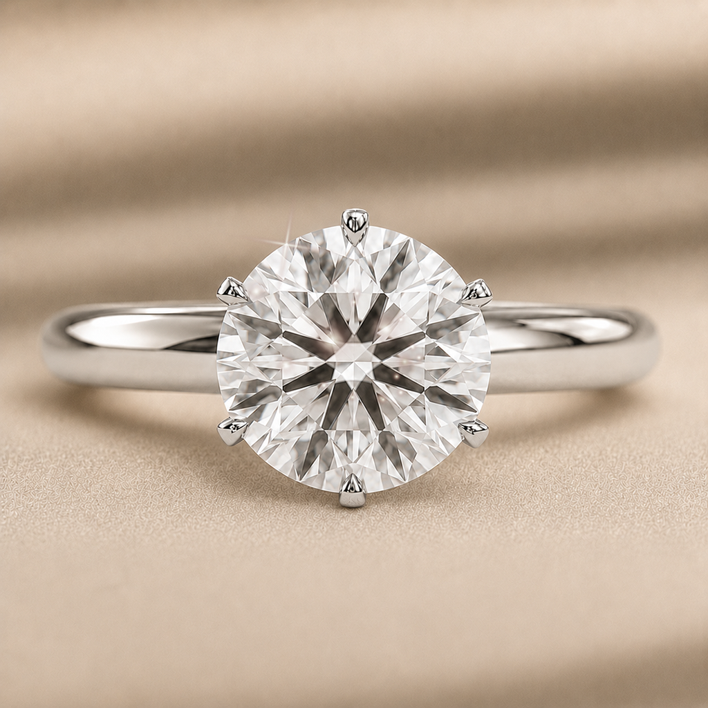 Six-prong round solitaire engagement ring, moissanite stone in 18K White Gold Vermeil