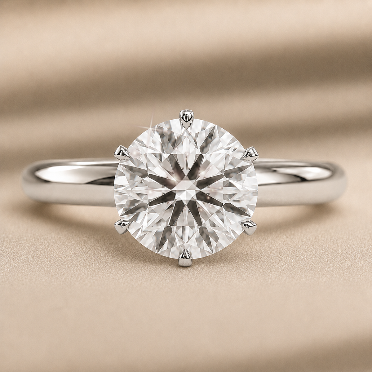Six-prong round solitaire engagement ring, moissanite stone in 18K White Gold Vermeil