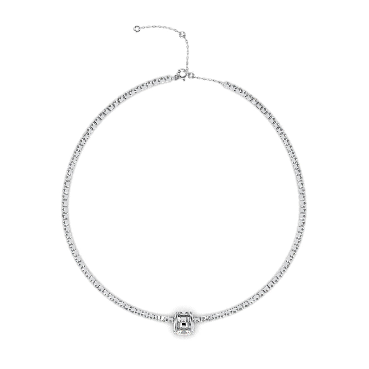 Slim tennis bracelet with round solitaire center, moissanite stones in 18K White Gold Vermeil