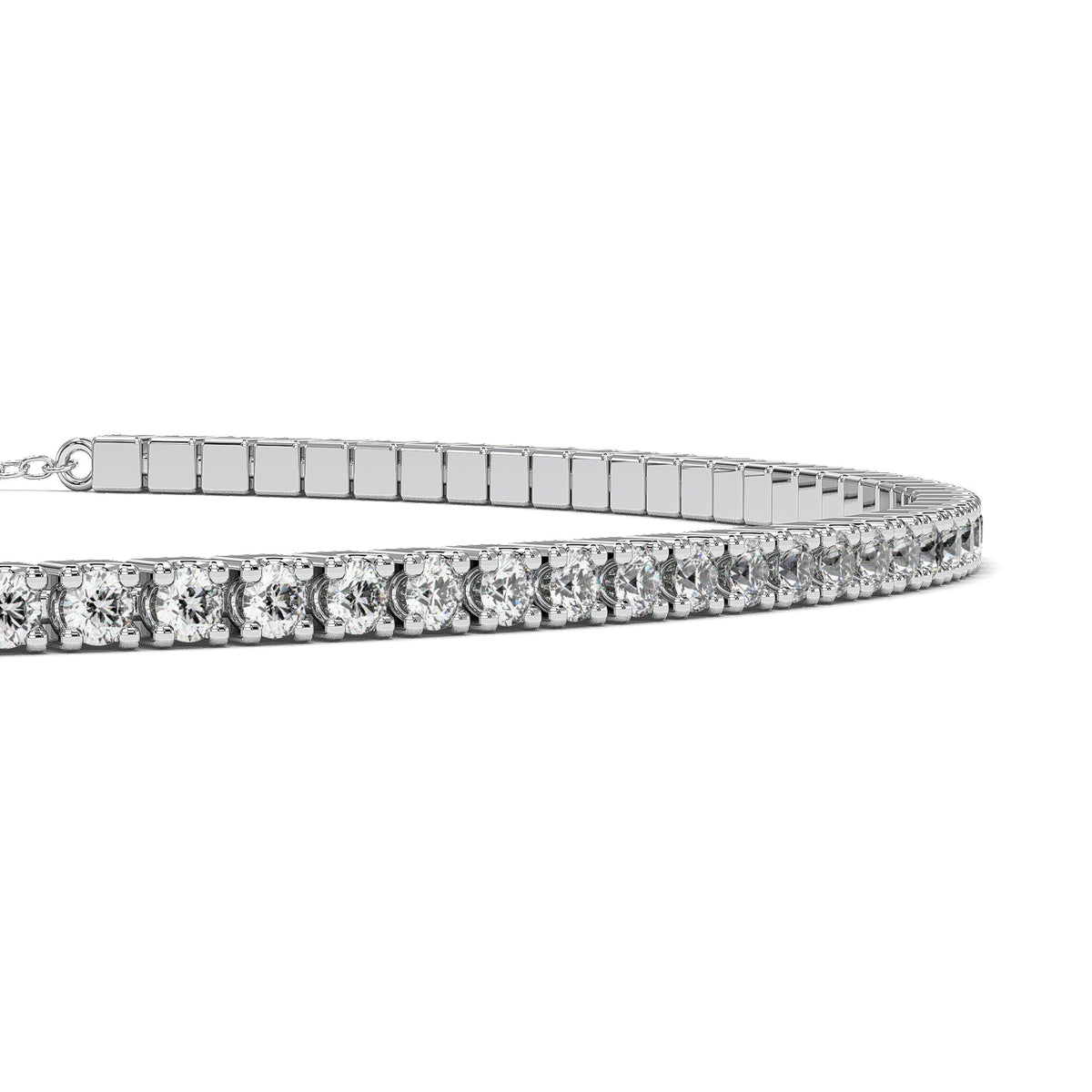 Slim tennis bracelet with round solitaire center, moissanite stones in 18K White Gold Vermeil