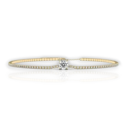 Slim tennis bracelet with round solitaire center, moissanite stones in 18K Yellow Gold Vermeil
