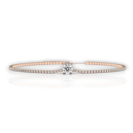 Slim tennis bracelet with round solitaire center, moissanite stones in 18K Rose Gold Vermeil
