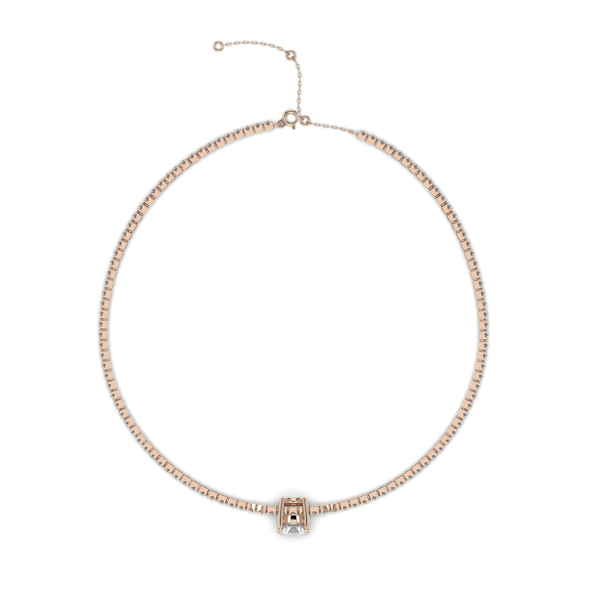 Slim tennis bracelet with round solitaire center, moissanite stones in 18K Rose Gold Vermeil