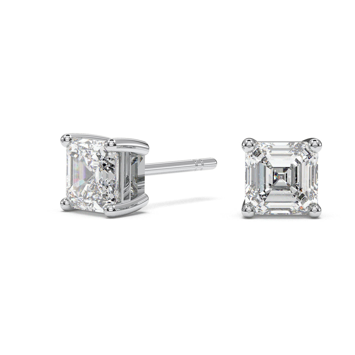 Square four-prong stud earrings, moissanite stones in 18K White Gold Vermeil