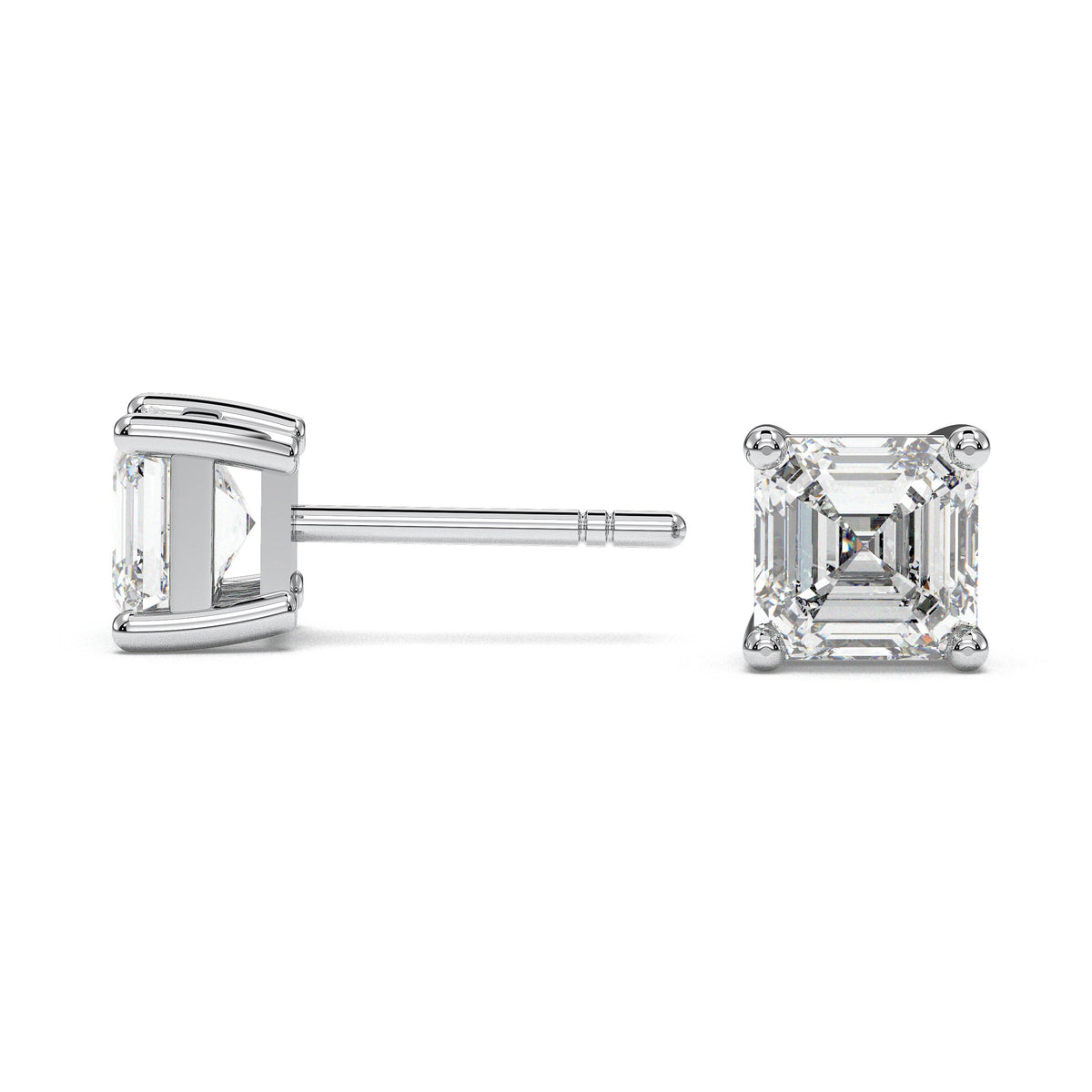 Square four-prong stud earrings, moissanite stones in 18K White Gold Vermeil