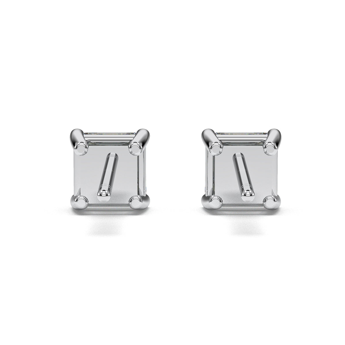 Square four-prong stud earrings, moissanite stones in 18K White Gold Vermeil