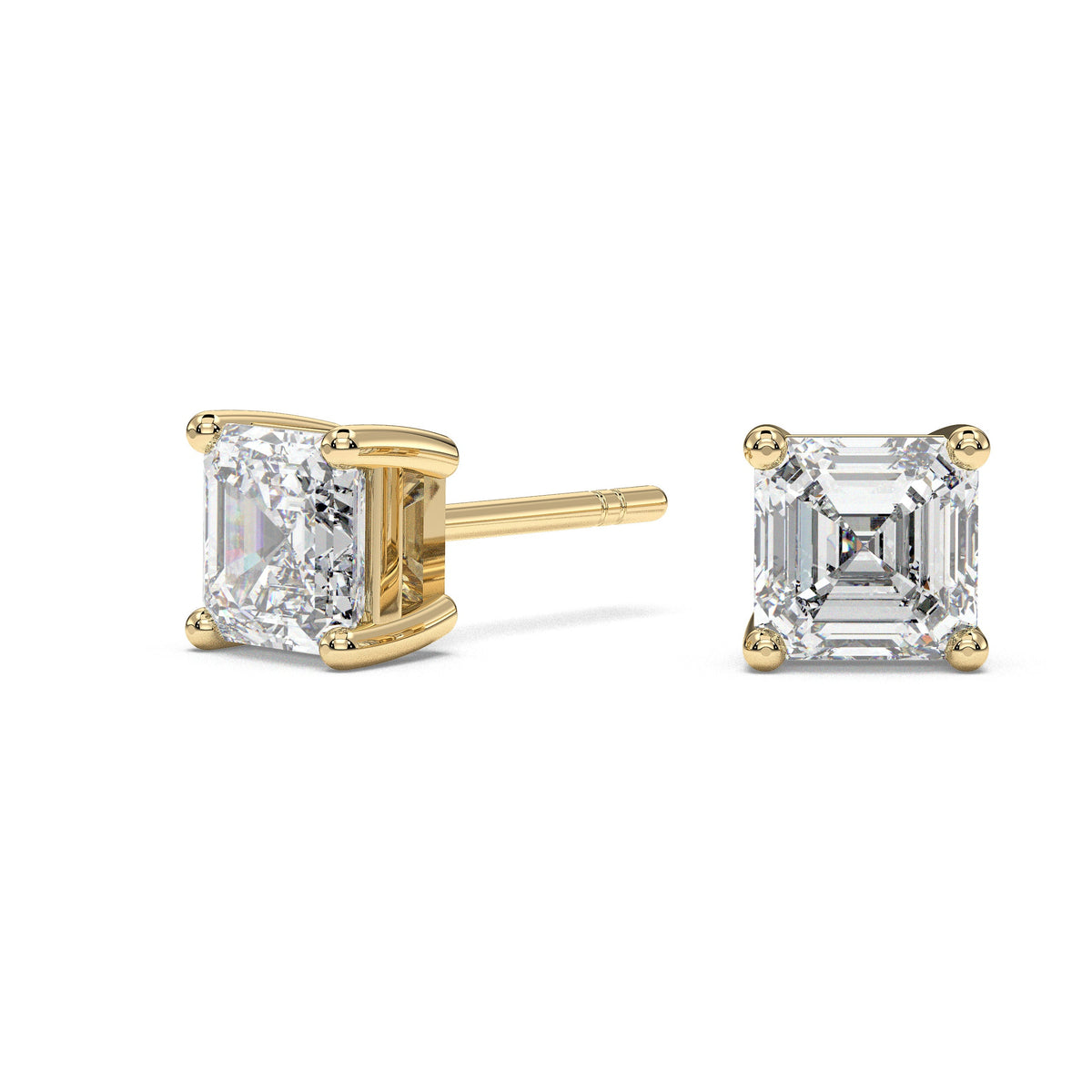 Square four-prong stud earrings, moissanite stones in 18K Yellow Gold Vermeil