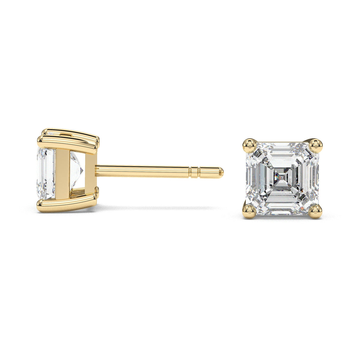Square four-prong stud earrings, moissanite stones in 18K Yellow Gold Vermeil