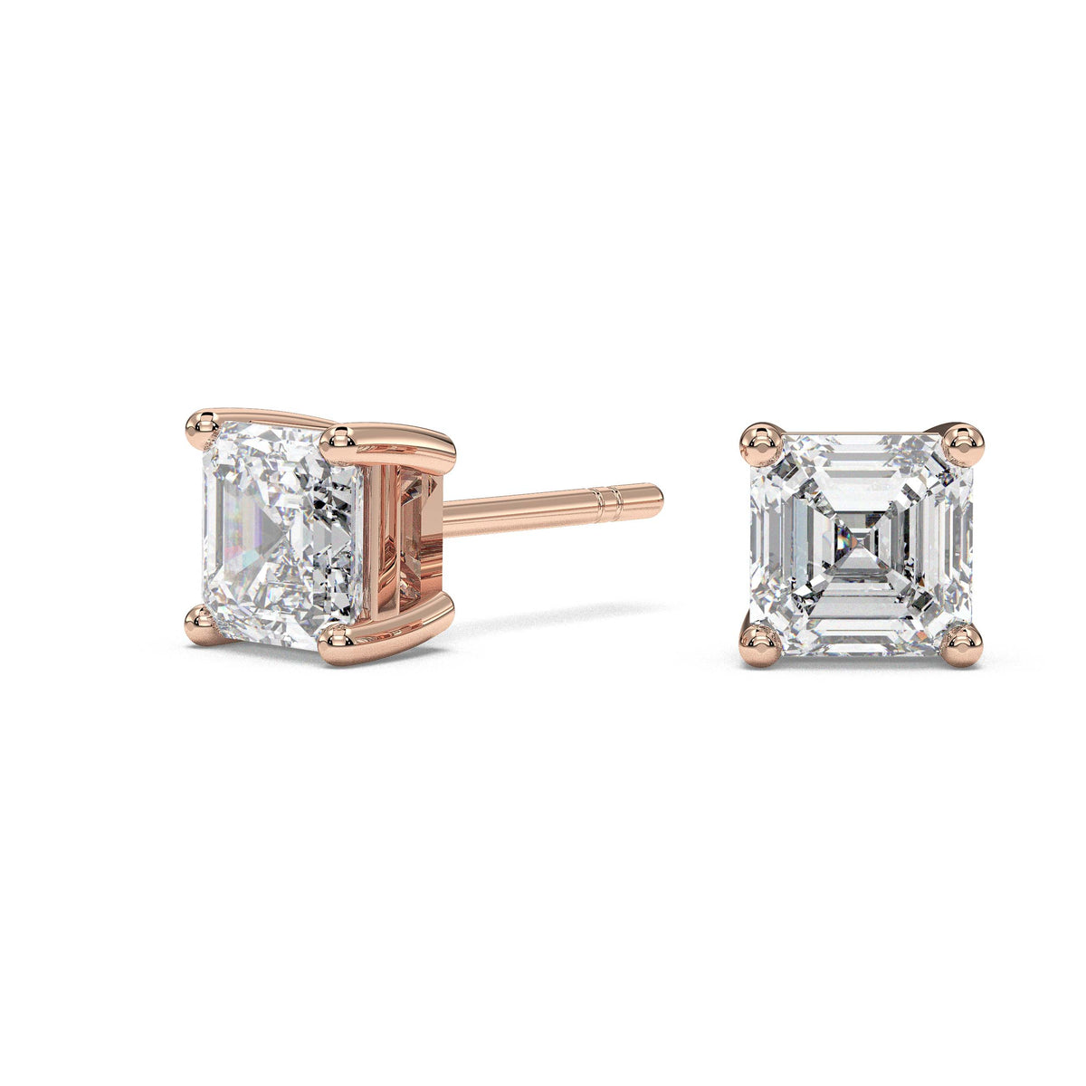 Square four-prong stud earrings, moissanite stones in 18K Rose Gold Vermeil